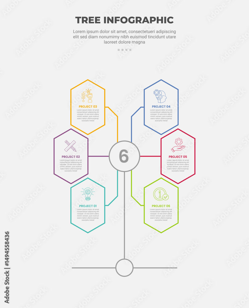 Aufkleber tree shape visualization infographic outline style with 6 point template with vertical hexagon shape