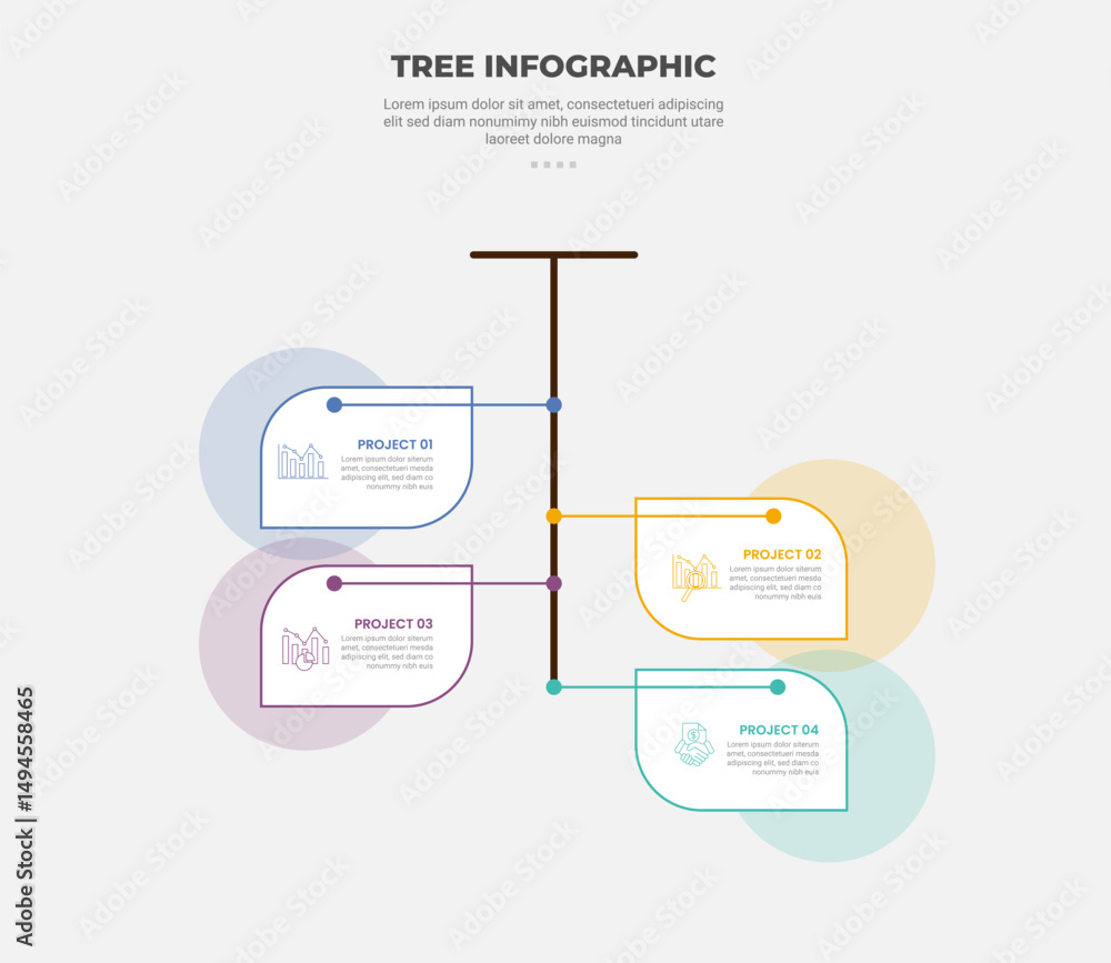 Aufkleber tree shape visualization infographic outline style with 4 point template with vertical line down dir