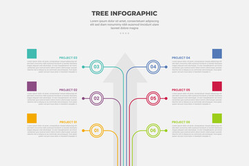 tree shape visualization infographic outline style with 6 point template with standing line on top direction with arrow background for slide presentation