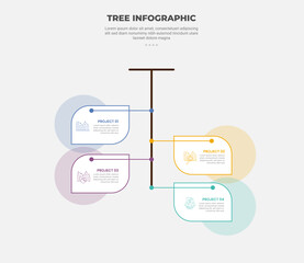 tree shape visualization infographic outline style with 4 point template with vertical line down direction with unbalance rectangle container for slide presentation