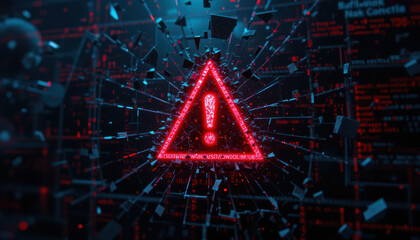 Glowing red warning triangle with exclamation mark on shattered digital background