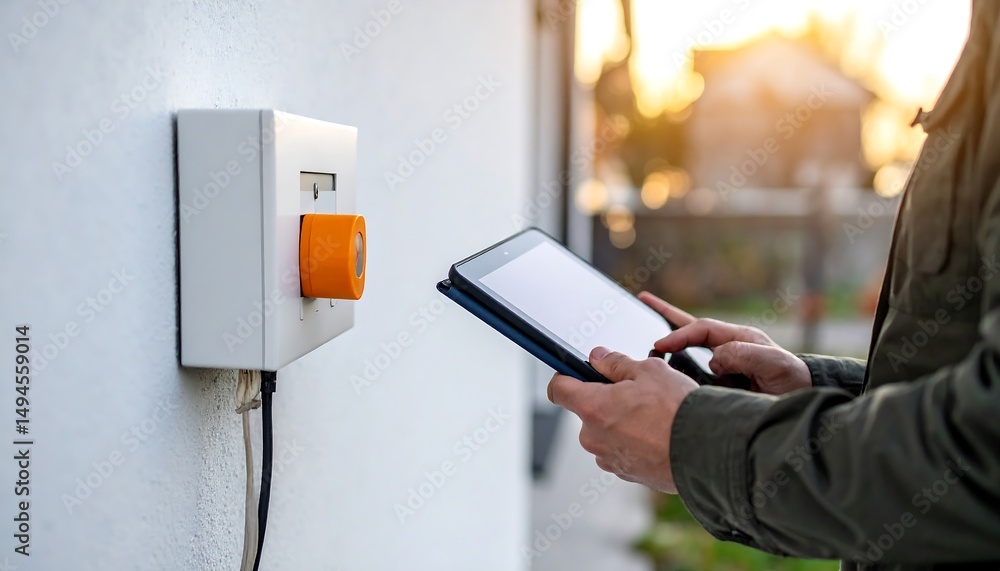 Aufkleber person using tablet to control device.