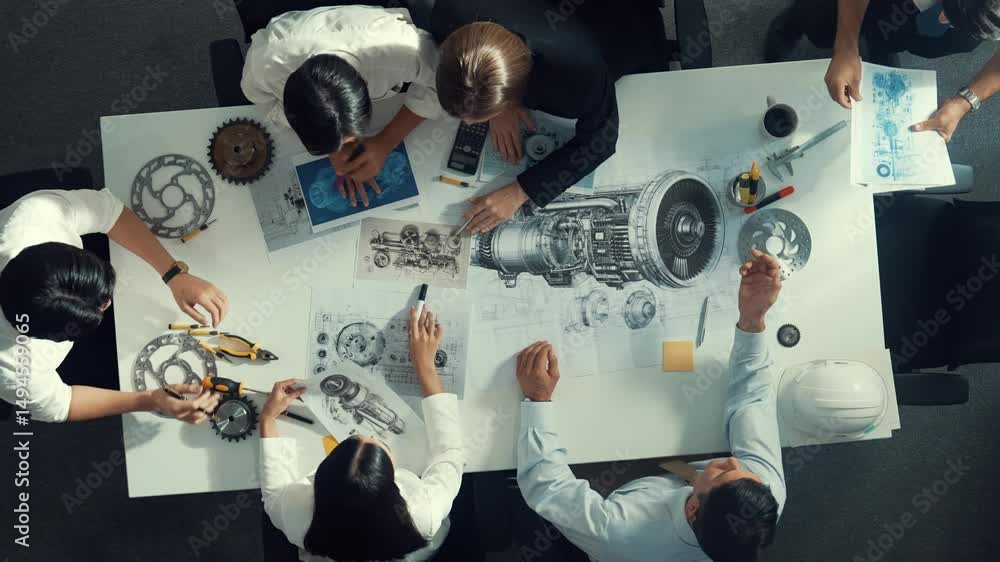 Aufkleber top down view of skilled engineer showing and talking about turbine engine design. aerial view of sk