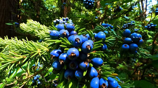 Low angle of bright blue juniper berries clusters with water droplets attached to the green needle leaves, a natural woodland setting