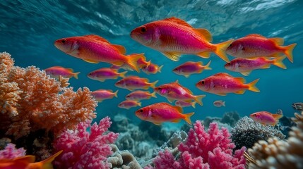 Naklejka premium Coral Reef Symphony: A vibrant school of fish, their scales shimmering with pink and gold, navigate a colorful coral reef, creating a mesmerizing underwater ballet.