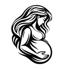 Silhouette Pregnant Woman Holding Her Belly with Flowing Hair Design