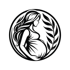 Expecting Woman Silhouette Profile with Floral Circle Black and White Art