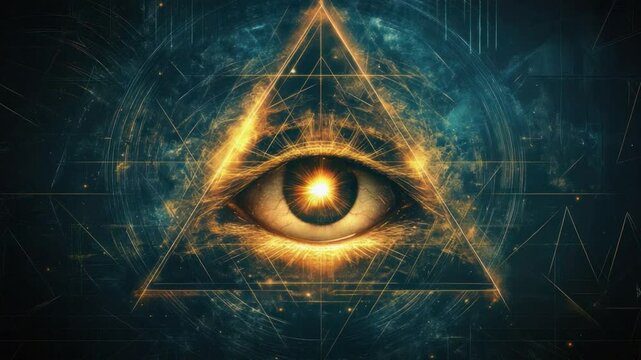 All-Seeing Eye within Triangle: A mystical digital art image depicting the All-Seeing Eye inside a triangle, surrounded by intricate geometric patterns and cosmic swirls.