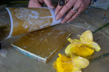 Final Reveal of Floral Gelli Print Using Daffodils