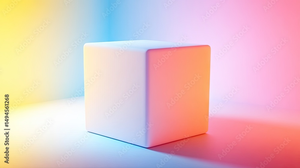 Poster geometric cube illuminated by vibrant gradient lighting.