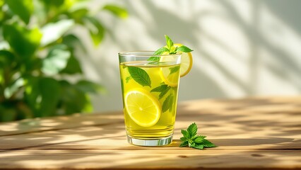 Refreshing lemon and mint infused drink on wooden table in summer light