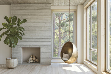 Obraz premium Modern living room featuring a unique hanging chair and indoor plant with large windows
