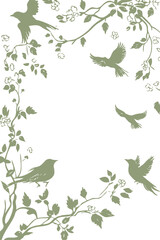 Elegant green silhouette of birds, floral vines, and leaves forming a soft natural frame around a blank center. Perfect for wedding invitations, greeting cards, nature-themed projects, or decorative b