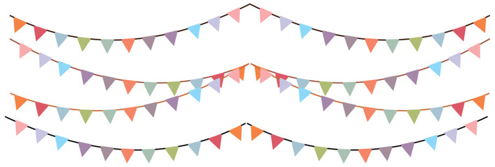 Carnival coloured garlands and bunting. Festive triangle flags on rope for decoration of party, holiday, event, festive, celebration. Colorful pennants for banner, flyer template Vector design element