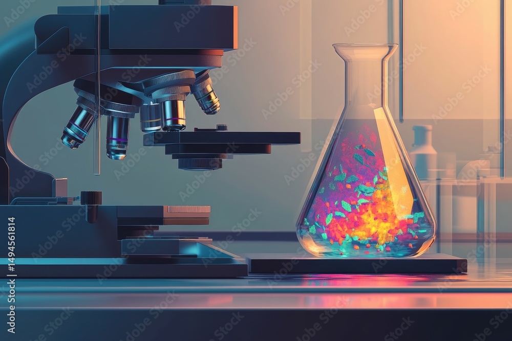 Aufkleber a powerful microscope and erlenmeyer flask filled with colorful substance, representing scientific r