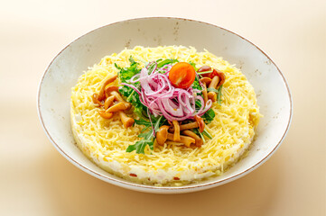 layered salad with cheese and pickled honey mushrooms