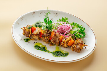 shashlik with vegetables and herbs on a plate