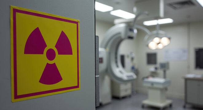 Radiation warning sign on wall in medical imaging room with equipment in background. Yellow and magenta hazard symbol near diagnostic machinery. Hospital radiology department safety protocol