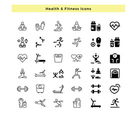 Health & fitness icon set on white background, vector, outline, fill, silhouette, Gym and health care icons