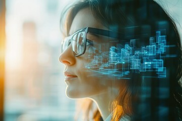 A woman wearing glasses, a digital city superimposed on her face, representing innovation and technology's impact on urban life.