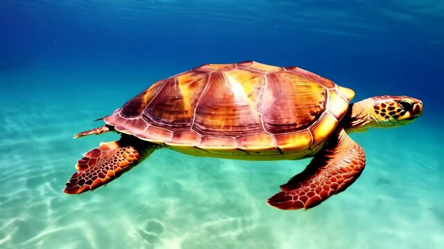 Sea turtle swims gracefully underwater in turquoise ocean, basking in sunlit water, colorful shell and patterned skin visible