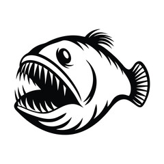 Stylized Anglerfish Illustration, Black and White, Deep Sea Creature, Sharp Teeth, Isolated