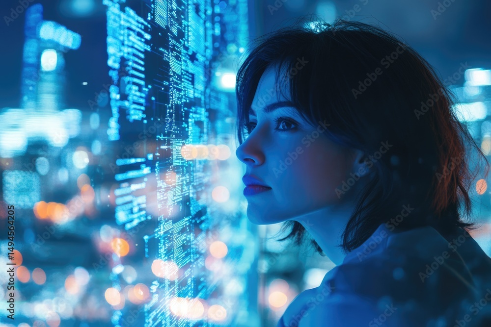 Aufkleber a woman gazes at a futuristic cityscape displayed on a screen, filled with glowing digital code and 