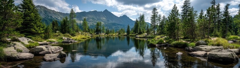 Scenic view of lake in pine forest with tree and rock concept. Serene landscape featuring mountains, trees, and a reflective lake.