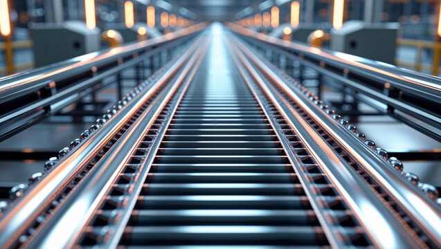 A modern industrial conveyor belt system stretches into the distance, conveying materials.