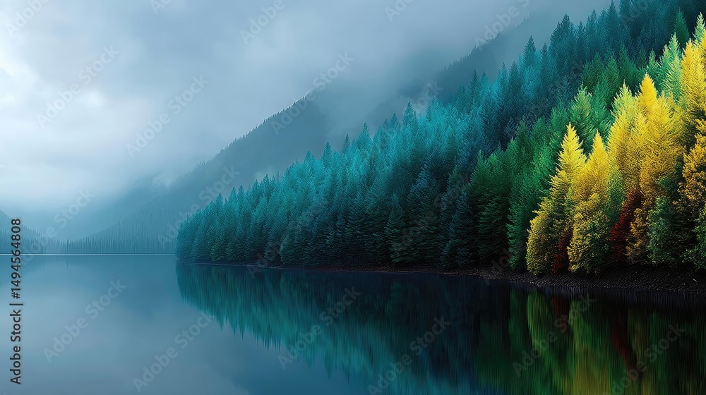 Poster scenic view of lake in pine forest with water and mountain concept. serene lake view surrounded by v