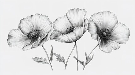 A black and white drawing of a three  flowers 