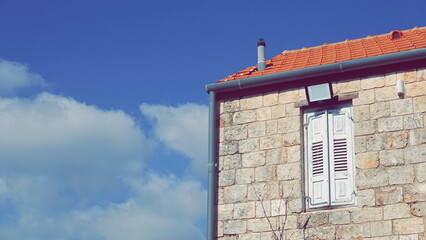 House Mediterranean Style Top Floor White Shutters Red Roof Cloud Blue Sky Sunny Day Photography