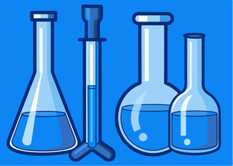 Blue chemical liquid in test tubes and laboratory glassware for science research and experiment