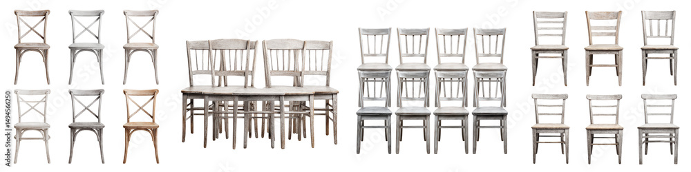 Poster A collection of various chairs and tables for dining  long title A diverse assortment of dining chairs and tables showcasing a range of styles from