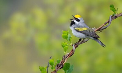 Golden-Winged Warbler Perched on Branch