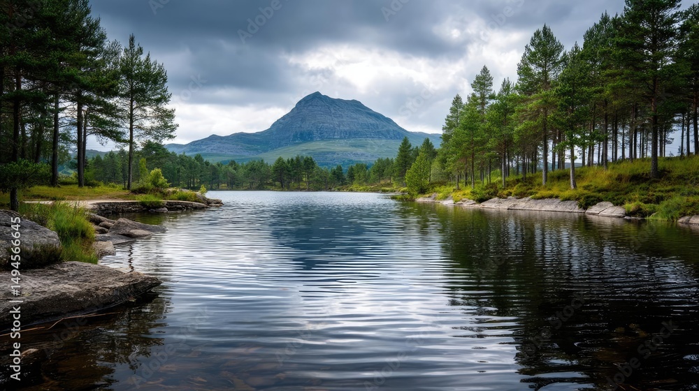 Poster scenic view of lake in pine forest near beautiful mountain concept. serene lake reflecting mountains