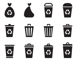 Trash and Recycling Bins Icons Set, Featuring Waste Management Symbols