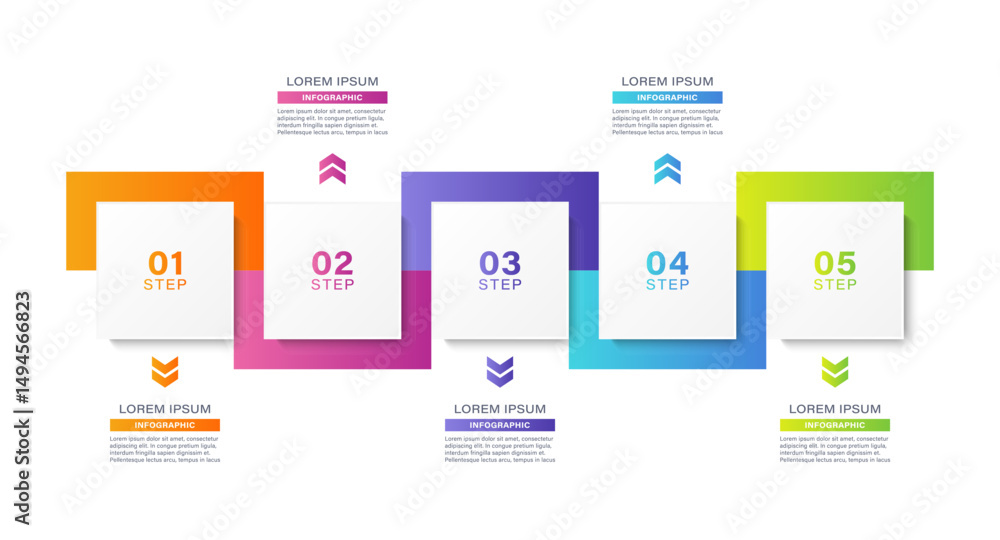 Poster infographic template with square elements. five steps or processes. step by step, instructions or re