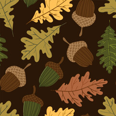 oak leaves and acorns colorful autumn seamless pattern. Forest fall botanical texture tor textile