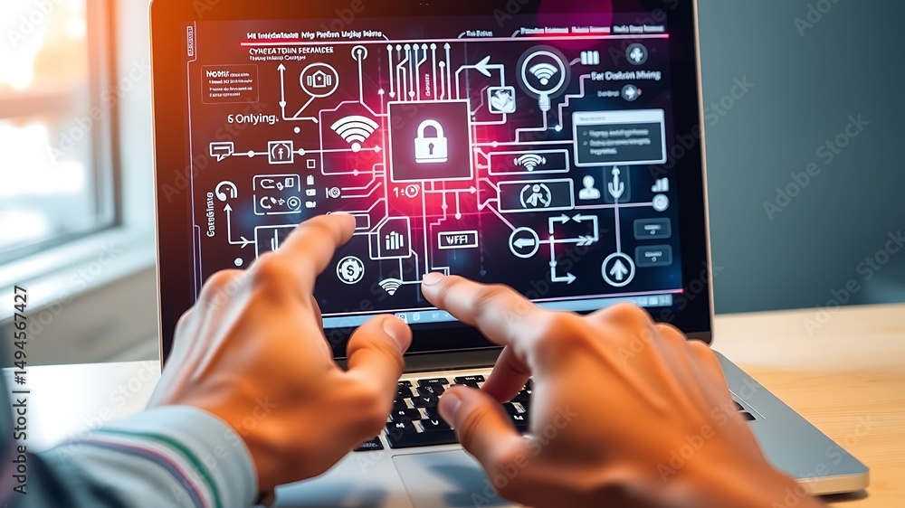 Poster cyber security professional analyzing network encryption and digital data protection on laptop