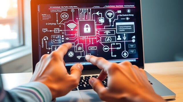 Cyber security professional analyzing network encryption and digital data protection on laptop