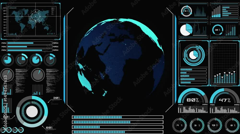 Poster futuristic vr head-up display design with orbital global network 3d rendering motion graphic . hud e