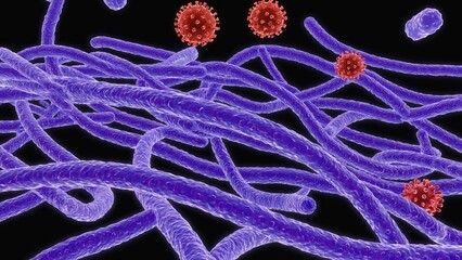 depiction of microscopic viruses, bacteria, and fungi at the cellular scale, with glowing effects and swirling movements, creating an engaging and informative background for science