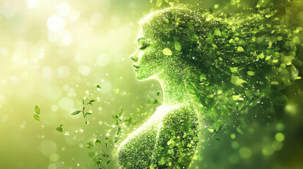 A captivating image showcases the embodiment of natural beauty, a woman's silhouette interwoven with verdant leaves and emanating a sense of tranquility.