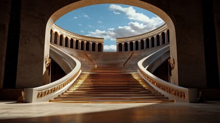 A grand architectural marvel featu a golden staircase leading to a classical colonnade with a vibrant blue sky visible through the opening at the top edge space.
