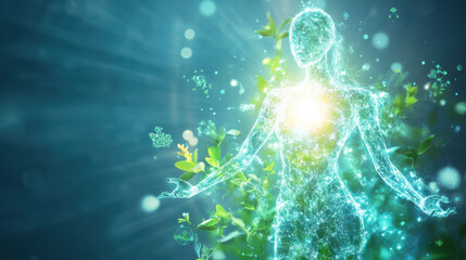 An ethereal visualization, embodying nature's energy within a human form, where radiant light merges with delicate flora, forming an ethereal symbiosis.
