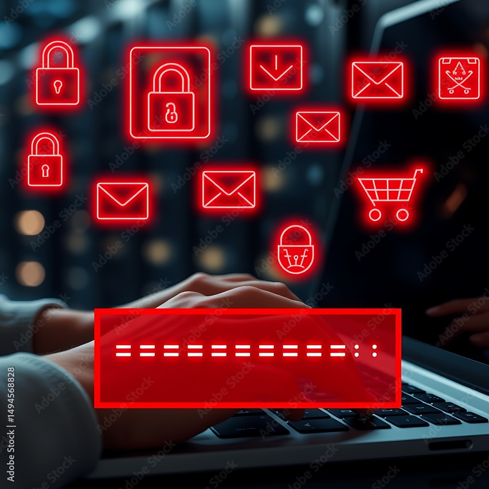 Poster cyber security concepts represented through a user's laptop and digital icons