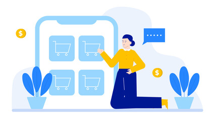 Woman shopping online with four shopping carts on phone. Perfect for ecommerce, shopping apps, websites, digital marketing, online shopping concepts.