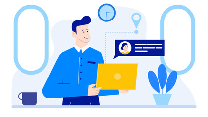 Man with laptop checking message. Suitable for technology, communication, business concepts, advertising, or remote work related designs or projects.