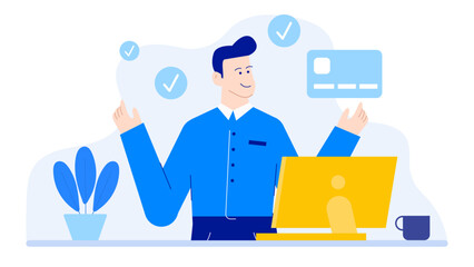 Man holding credit card at computer, online shopping concept, secure payment, ecommerce, financial transactions, digital banking, cybersecurity, personal finance.